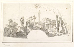 Diseño para un abanico - Capricho con ruinas romanas y el Hércules Farnesio de Giovanni Paolo Pannini
